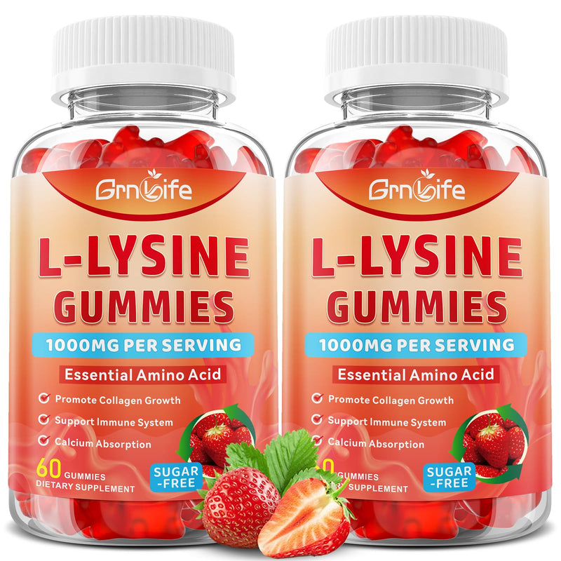 2 Pack L-Lysine 1000mg Gummies, Chewable Lysine Supplement for Adults & Kids, Essential Amino Acid Supplement for Immune Support, Collagen Formation Support, Strawberry, 120 Count 120 Count (Pack of 1)