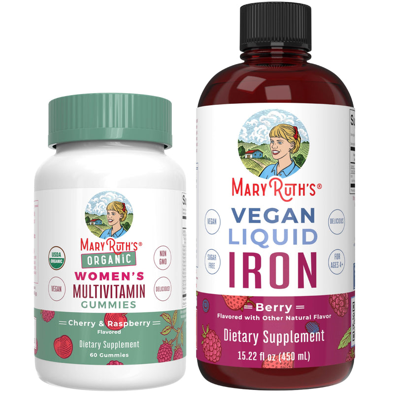 MARYRUTH'S Multivitamin Gummies for Women (Cherry & Raspberry) & Iron Liquid Supplement (Berry) | Clean Label Project Verified® | USDA Organic, Vegan, Non-GMO | Beauty, Immunity & Overall Health
