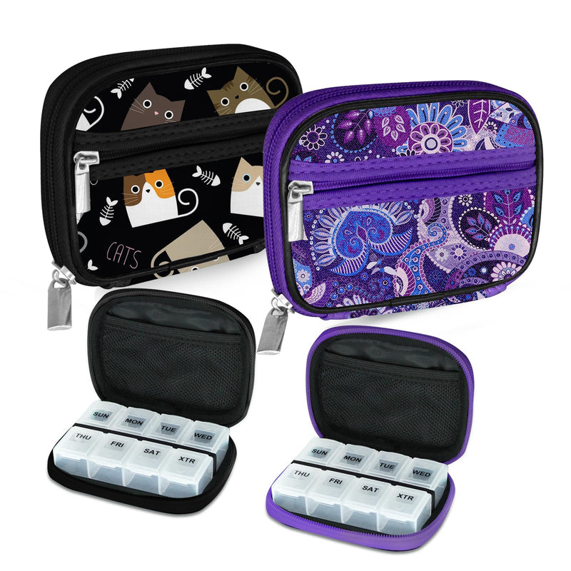 Serfeymi Weekly Travel Pill Organizer Pill Case for Purse with Removable 7 Day Pill Box, Fashionable Travel Medicine Organizer Pill Container for Medicine, Vitamin, Supplement - Black 03 + Purple 01 2 Cases + 2 Boxes C. Black 03 + Purple 01