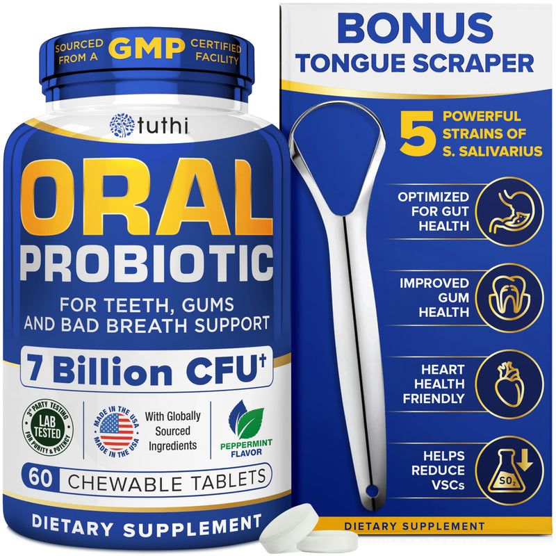 [Australia] - Tuthi Oral Probiotics & Tongue Scraper – Bad Breath Treatment for Adults – Dental Probiotics for Teeth and Gums – Supports Fresh Breath – 60 Chewable Tablets 