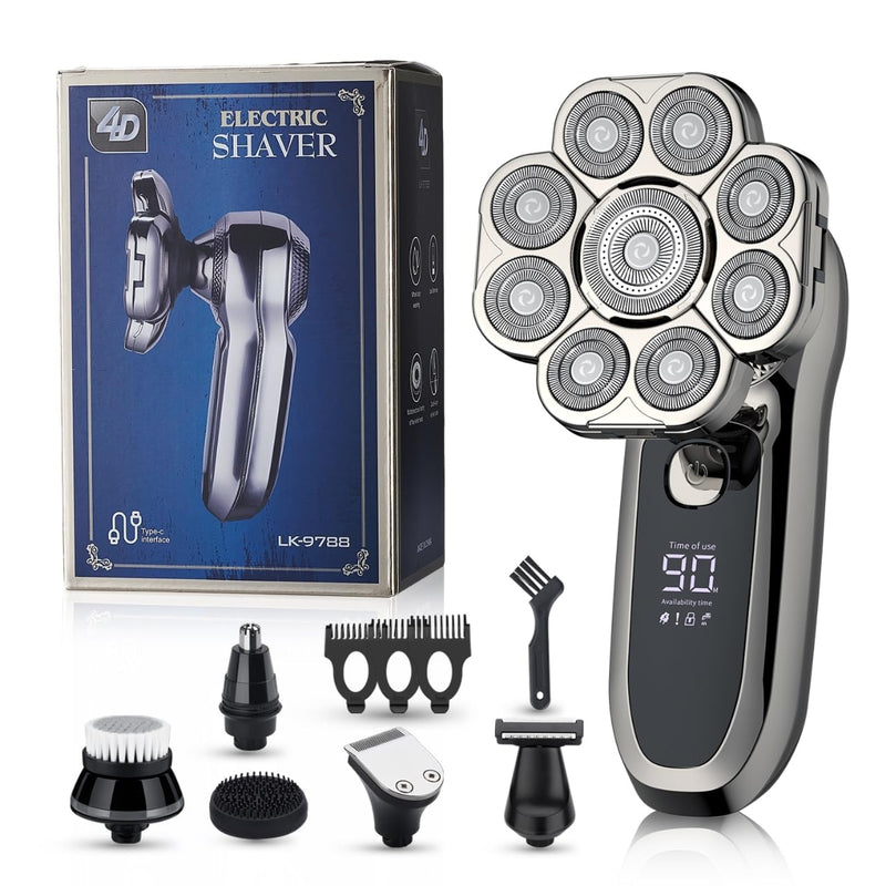 [Australia] - 9 Floating Heads Detachable Head Shavers,6 in 1 Electric Razor IPX6 Waterproof for Bald Men, Wet Dry Mens Grooming Kit,LED Display Rechargeable 9D Rotary Shaver Grooming Kit with Type-C Charge 