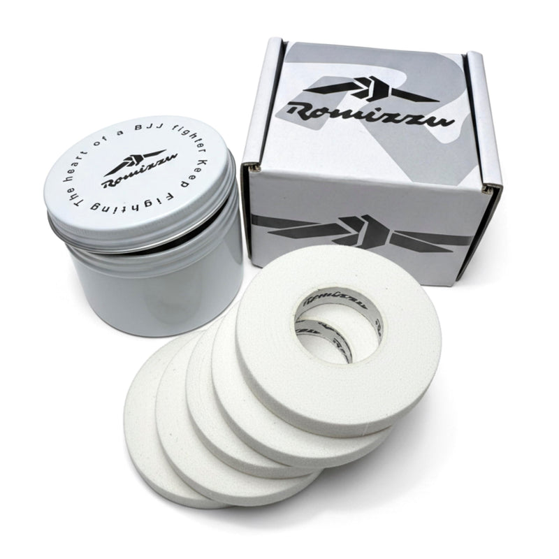 Premium Finger Tape – Includes Metal Storage Case & Gift Packaging – 6 Rolls 8m x 8mm 100% cotton strong adhesive finger tape Sweatproof & Non-Slip for BJJ, Climbing, CrossFit & Sports (White) White