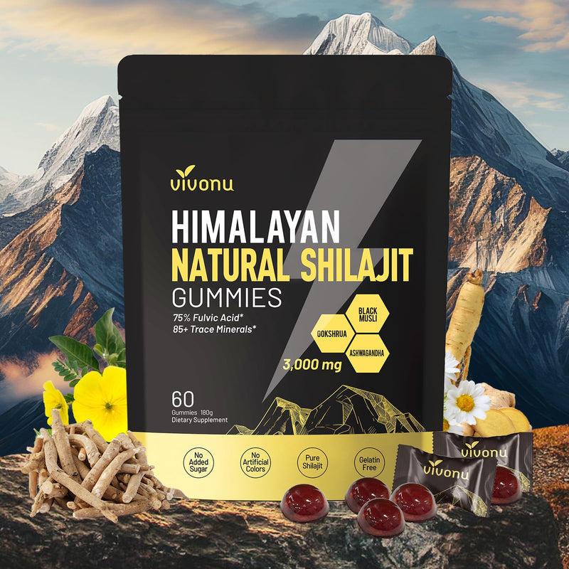 [Australia] - Himalayan Shilajit Gummies with Ashwagandha & Gokshura | 85+ Trace Minerals & Fulvic Acid | Organic, Non-GMO Micronutrient Supplement for Men & Women | 100% Pure & Natural 1 Bag / 60 Gummies 