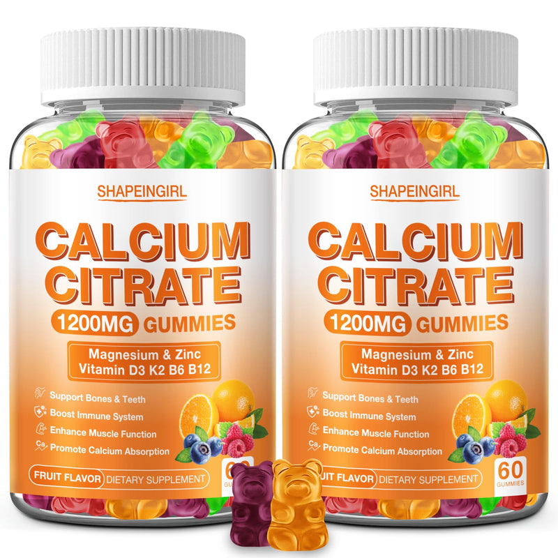1200mg Calcium Citrate with Vitamin D3, K2, B6 & B12, Calcium Supplements for Women & Men, Plus Magnesium Zinc for Bones, Muscle & Immune Support, High Absorption Fruit Flavor 120 Calcium Gummies 60 Count (Pack of 2)
