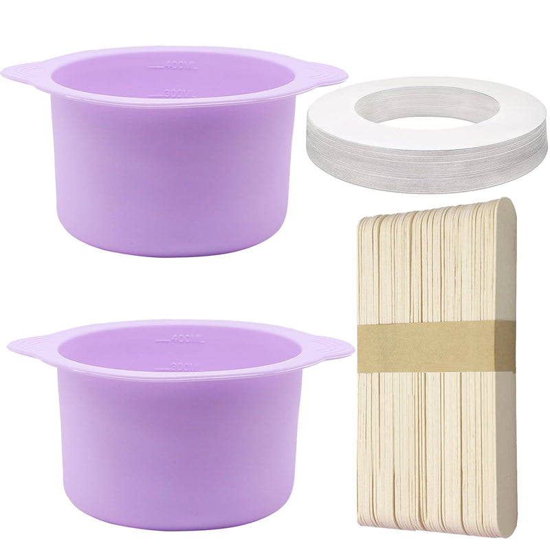 [Australia] - 2pcs Silicone Wax Warmer Liner & 50 Pcs Waxing Sticks Body Hair & 50 Pcs Protective Collars Ring Removal Sticks Applicator Easy to Clean Non-Stick Wax Pot Silicone Bowl Purple-2 