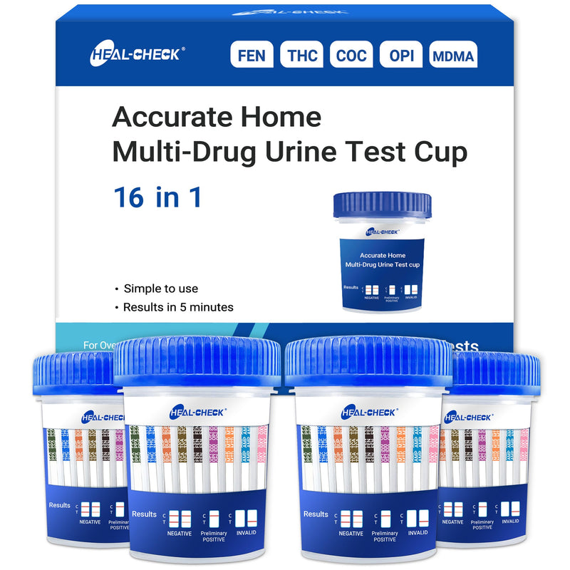 4 Pack 16 Panel Multi Drug Urine Test Kit - HEAL-CHECK Accurate Home Multi-Drug Urine Test Cup for Fen, AMP, BUP, BAR, BZO, COC, MET, MDMA, OPI, MTD, OXY, PCP, PPX, TCA, THC, TML 4 PACK