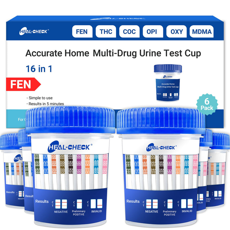 [6 Pack] HEAL-CHECK 16 Panel Drug Test Kit with Fentanyl for Home,Workplace | Multi Drug Test Cup, Screens THC FEN AMP BUP BAR BZO COC MET MDMA OPI MTD OXY PCP PPX TCA TML, Covers More Drug Classes Test 6 PACK