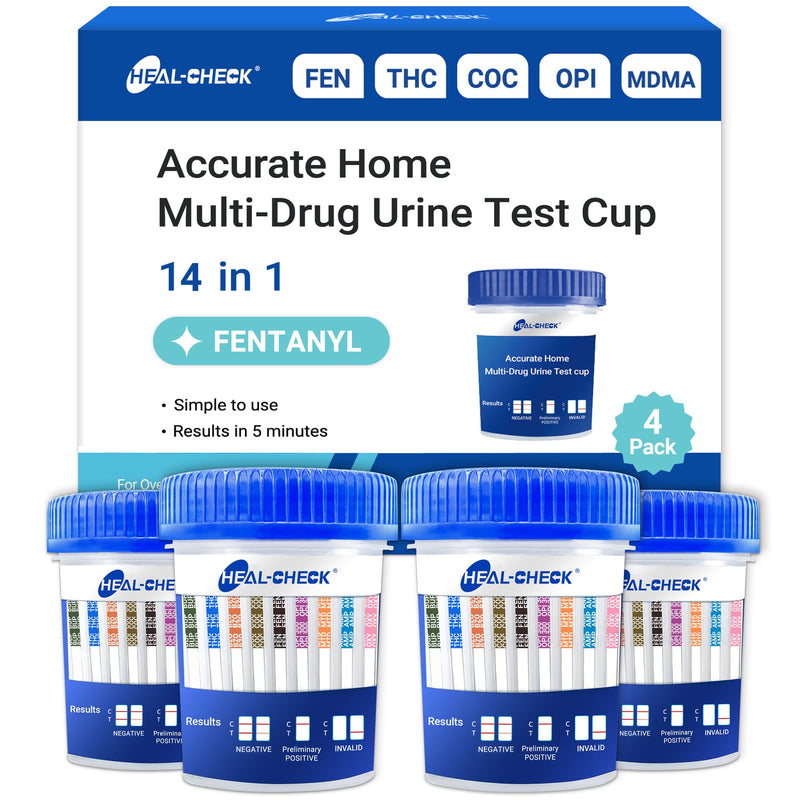 [4 Pack] HEAL-CHECK 14 Panel Drug Test Cup with Fentanyl for Home,Workplace | Screens THC, FEN, AMP, BUP, BAR, BZO, COC, MET, MDMA, OPI, MTD, OXY, PCP,PPX. Broader urine drug test kit for more confidence 4 PACK
