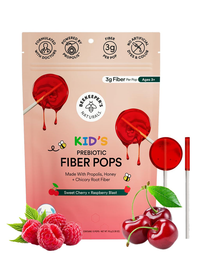 [Australia] - Kids Prebiotic Fiber Lollipops by Beekeeper's Naturals - Doctor Formulated Fiber Supplement, Supports Digestive Regularity, 3g of Fiber & Honey, Raspberry Blast & Sweet Cherry Variety Pack, 15 ct 