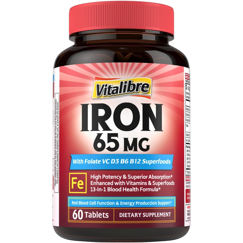 Vitalibre Iron Supplement for Women & Men, 65 mg, Ferrous Sulfate, Vitamin C, D3, B6, B12, Folate, Beet Root, Spinach, Pumpkin Seeds, Nettle, for Red Blood Cell & Energy Production, 60 Tablets 60 Count (Pack of 1)