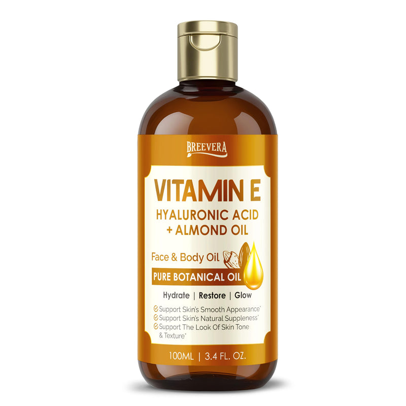 Vitamin E, Hyaluronic Acid & Almond Oil Face & Body Oil – Hydrate, Restore & Glow, Moisturizes Skin, Reduces Scars & Stretch Marks, Enhances Elasticity, 100ml | 3.4 fl. oz. 100ml (pack of 1)