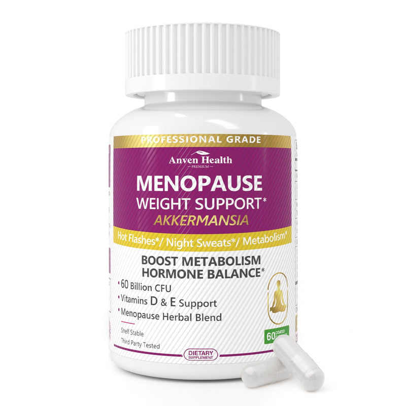 Menopause Relief Probiotics Akkermansia Hot Flashes 60 Caps | Prebiotic, Vitamin D & E, Hormone Balance, Metabolism, Gut Health, Hot Flashes & Night Sweats, Non-GMO, 60 Caps 60 Count (Pack of 1) Akk Menopause
