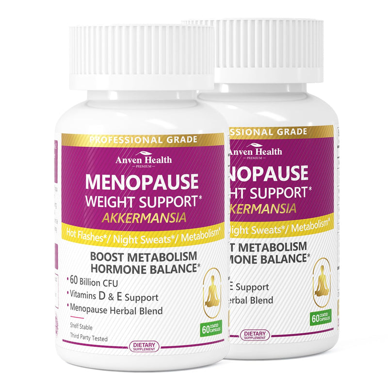Menopause Relief Probiotics Akkermansia Hot Flashes 120 Caps | 60 Billion with Akkermansia Probiotic & Prebiotic, Vitamin D & E, Hormone Balance, Metabolism, Gut Health, Hot Flashes 60 Count (Pack of 2) Akk Menopause