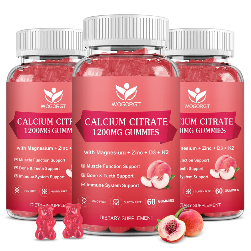 Calcium Citrate 1200mg Gummies with Vitamin D3 K2 for Women, 60Ct (3Pack) | WOGORGT - Chewable Calcium Citrate Gummies Supplement with Magnesium, D3, K2 & Sea Moss Extract, Bone Support, Peach Flavor 60 Count (Pack of 3)