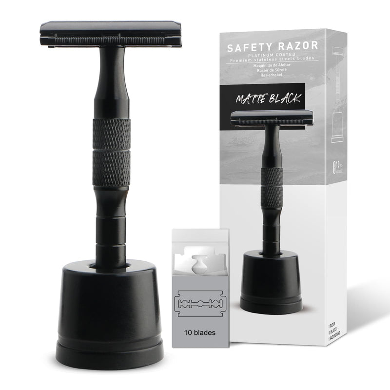 [Australia] - Matte Black Double Edge Safety Razor with Stand, Single Blade Razors for Men and Women, with 10 Safety Razor Blades, Smooth and Close Shave Matte Black with Stand 