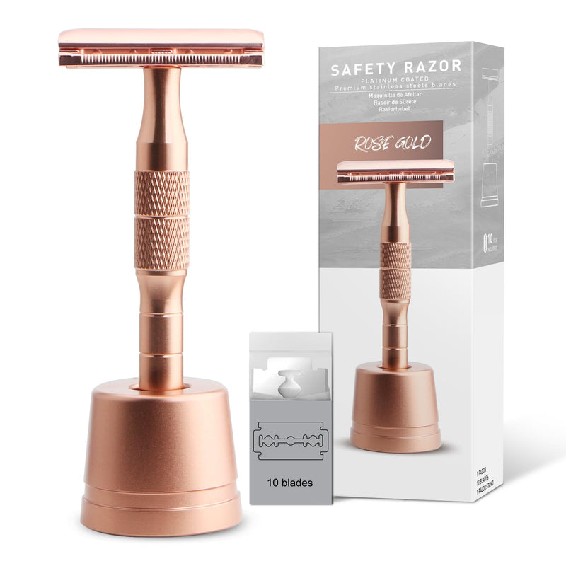 Rose Gold Double Edge Safety Razor with Stand, Single Blade Razors for Women and Men, Reusable Metal Razor, with 10 Double Edge Blades, Smooth & Close Shave, Plastic Free Rose Gold with Stand