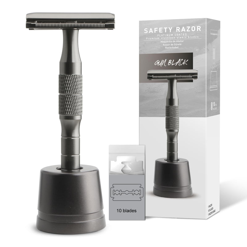 Gun Black Double Edge Safety Razor with Stand, Single Blade Razors for Men and Women, with 10 Safety Razor Blades, Smooth & Close Shave, Plastic Free Gun Black Razor with Stand
