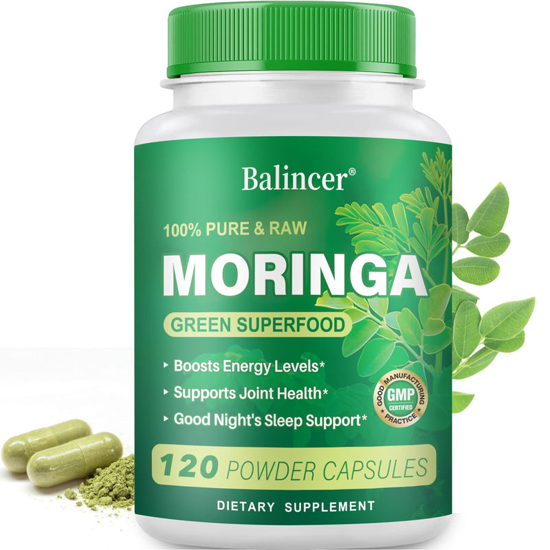 Moringa Capsules, Pure Moringa Leaf Powder Natural Green Antioxidant Superfood, High Potency Nutrient for Energy, Skin Health, Gut Health Supports, 120 Vegan Capsules 120 Count (Pack of 1)