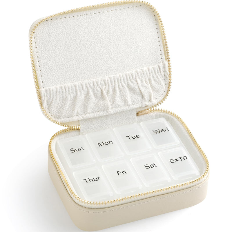 Genuine Leather Travel Pill Organizer Box Case 1 Times a Day for Purse for Women, Cute Medicine Pill Holder Containers for Vitamin Small Weekly Daily 7 Day Am Pm Pill Organizer(Beige) Nappa Leather Beige