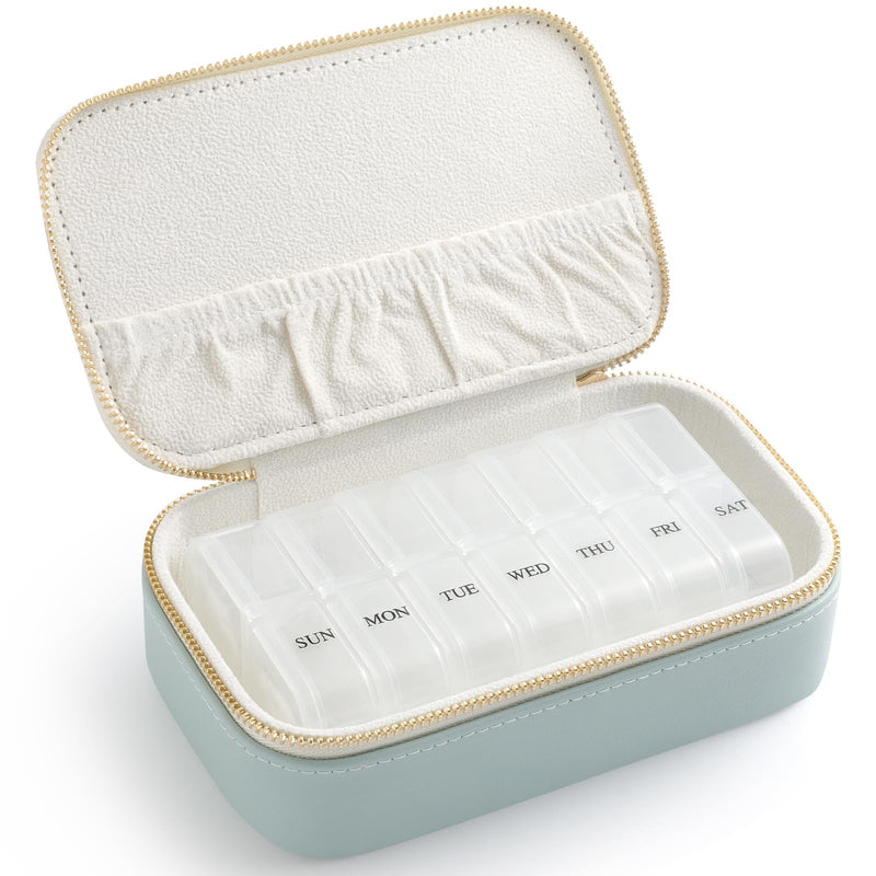 Genuine Leather Travel Pill Organizer Box Case 2 Times a Day for Purse for Women, Cute Medicine Pill Holder Containers for Vitamin Medium Weekly Daily 7 Day Am Pm Pill Organizer(Cyan) Nappa Leather Cyan