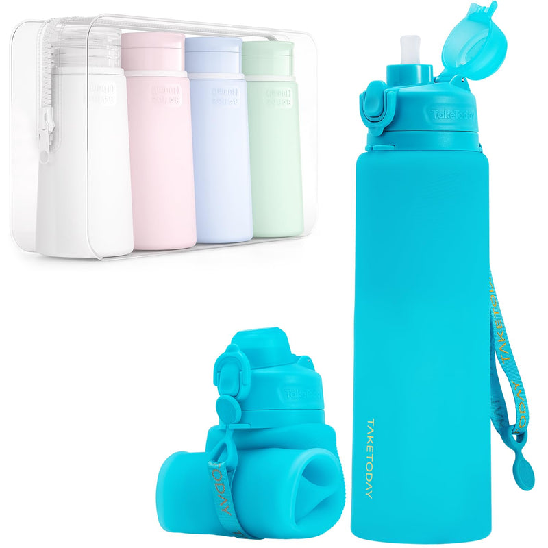 TakeToday Travel Bottles for Toiletries, Tsa Approved 3.4oz Portable Travel Bottles, Collapsible Water Bottles 32oz, Foldable Travel Water Bottle with Straw