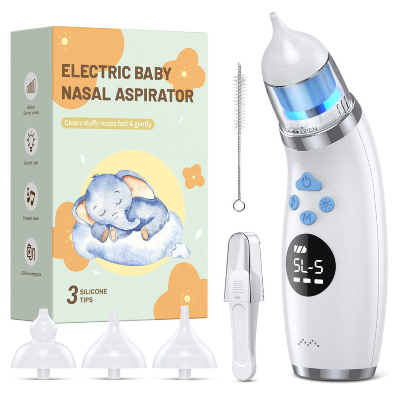 [Australia] - Nasal Aspirator for Baby with Light and Music, Electric Babies Nose Sucker with 3 Soft Silicone Tips, 5 Levels Suction Adjustment Nose Cleaner for Kids Girl Boy Adult Pets 