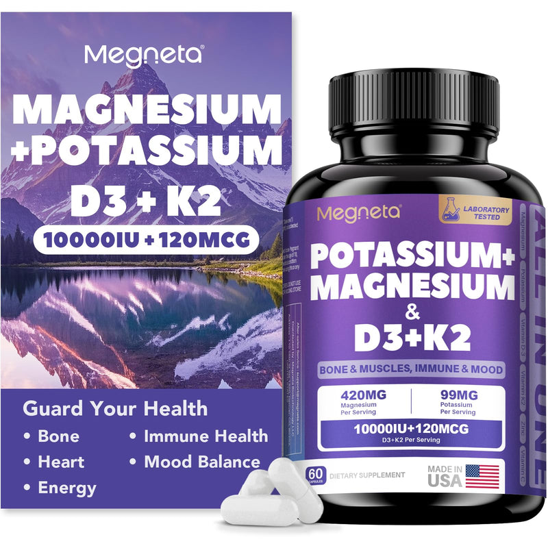 [Australia] - Magnesium Potassium Vitamin D3 K2 10000IU Supplement - Supports Bone, Heart, Immune Health, Mood Balance & Energy for Women & Men - Enhanced Absorption, Non-GMO - 60 Capsules Capsule 