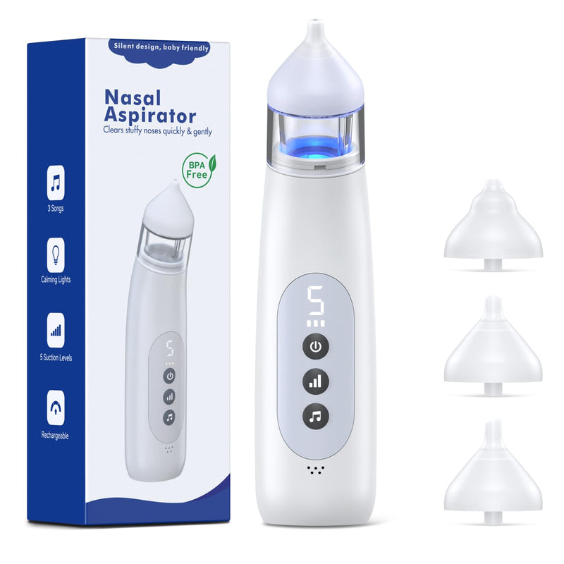 [Australia] - Nasal Aspirator for Baby 5 Suction Levels Rechargeale Nose Sucker, Music and Light Silicone Nose Suction Battery Powered for Baby Girls Boy Adult Pets 