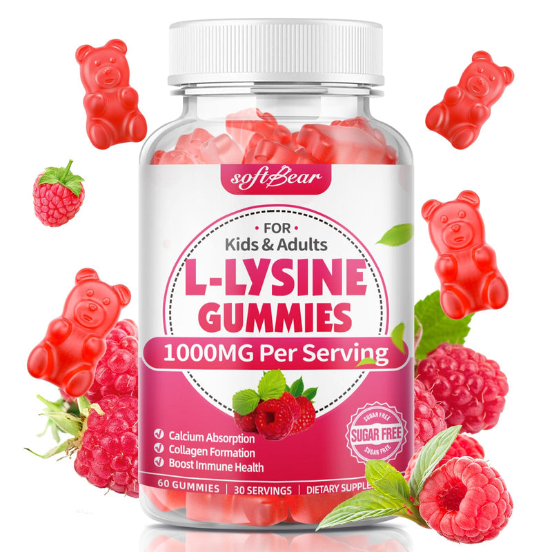 [Australia] - softbear L-Lysine Gummies for Adults & Kids, L Lysine 1000mg Chewable Lysine Supplement for Lips & Oral Health, Immune & Collagen Support, Vegan, Non GMO, Gluten-Free, Raspberry Flavor 60 Count 60 Count (Pack of 1) 