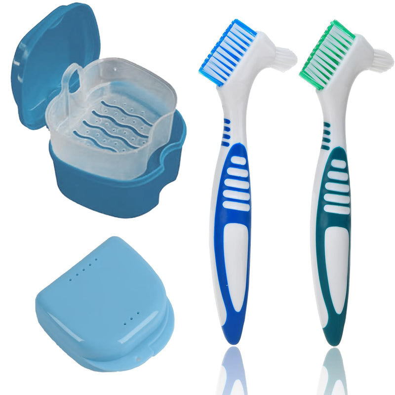 [Australia] - 4PCS Denture Bath Case Cup Kit Denture Storage Bath Box Denture Brush Kit Denture Cleaning Kit with 2 Denture Brush, Retainer Cases and Denture Bath Case with Strainer Basket and Lid Blue&Light Blue(Set of 4) 