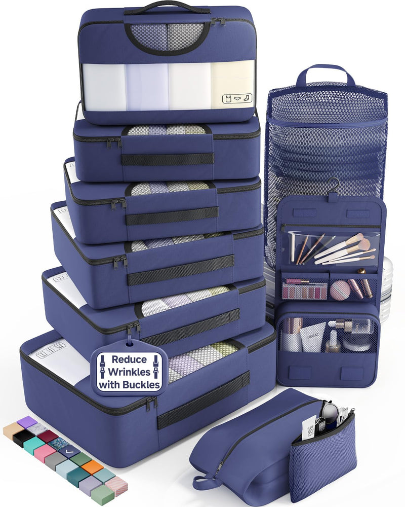 Veken 10 Set Packing Cubes for Travel Essentials,Anti-Wrinkle Buckled Suitcase Organizer for Shoe & Toiletry Bag,Carry On Luggage Bag with 99+ Count Mesh Holes for Airplane & College Dorm Accessories 05 Indigo Blue