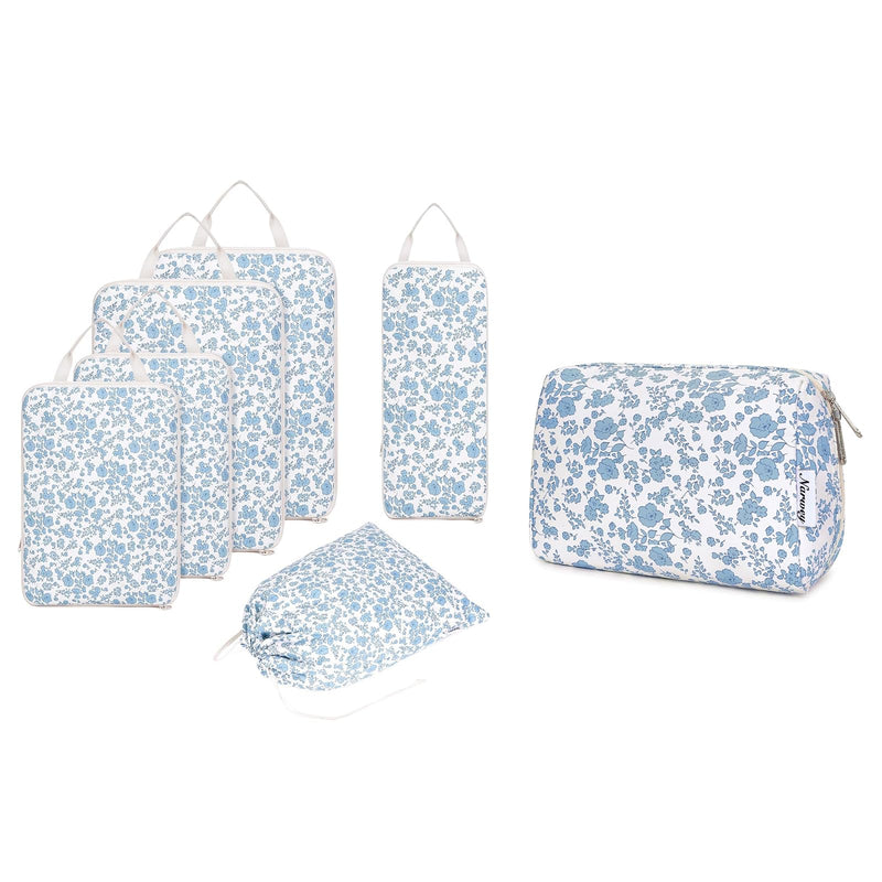 Narwey Checkered Makeup Bag with 6 Set Checkered Compression Packing Cubes for Women Girls