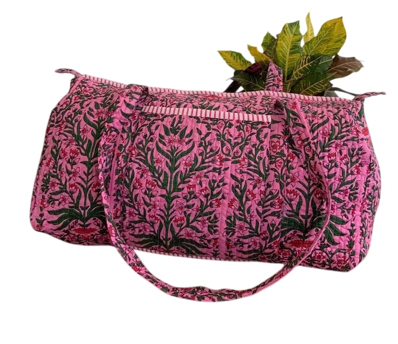 Yille Handmade Cotton Block Print Duffle Travel Bag Gym Yoga Bag,Quilted Bag Everyday use Gift for Someone Special Occasionally (Pink Temple) Pink Temple