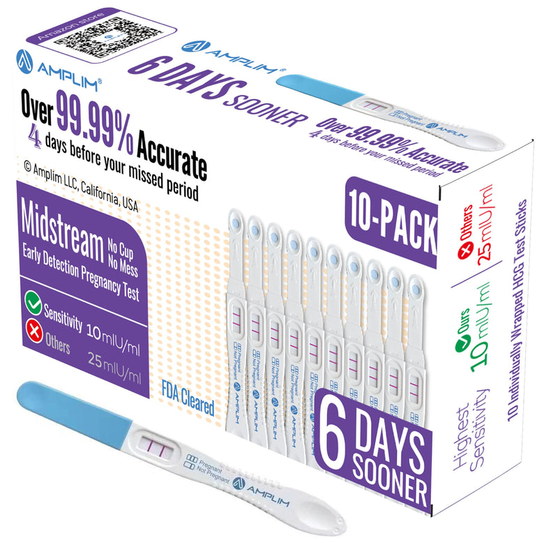 [Australia] - AMPLIM HCG Early Detection Pregnancy Test Sticks (10 Ct Bulk) – Early Result 6-Days Sooner, Extra Sensitive 10 MIU/mL, Midstream – Easy at-Home Tests, 99.99% Accurate Pregnant Test 1 Count (Pack of 10) 