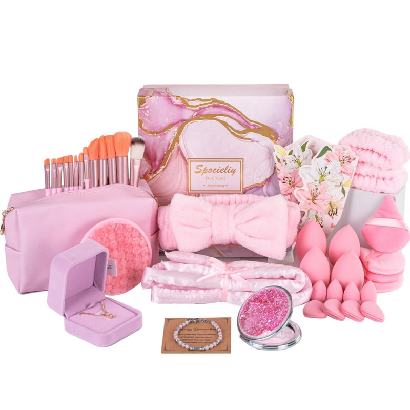 [Australia] - 40PCS Trendy Stuff Gifts Set for Teen Girls -Makeup Brushes Set + Blending Sponges + Silk Heatless Curling Set + Jewelry Set & Skincare Headbands | Birthday Gift for Daughter, Niece, Her (Pink) Pink 