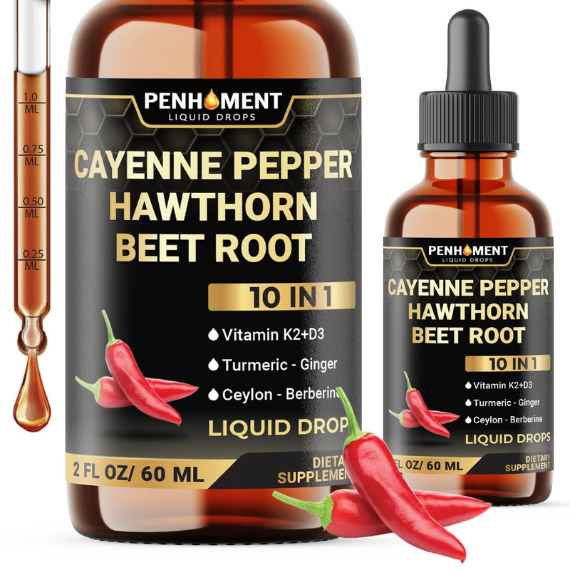 [Australia] - 10in1 Cayenne Pepper Liquid Drops + Hawthorn Berry, Vitamin D3 K2, Beet Root, Turmeric, Ginger and More - Digestion Support - 2 Fl Oz - 2 Months Supply 2 Fl Oz (Pack of 1) 