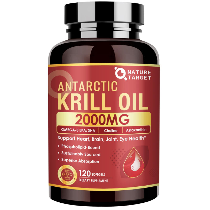 [Australia] - NATURE TARGET Krill Oil 2000 mg with Omega-3 EPA & DHA with Astaxanthin Supplement, Choline - Supports Heart, Brain, Join, Eye Health, Non-GMO, Gluten Free, 120 Softgels (60 Servings) 120 Count (Pack of 1) 