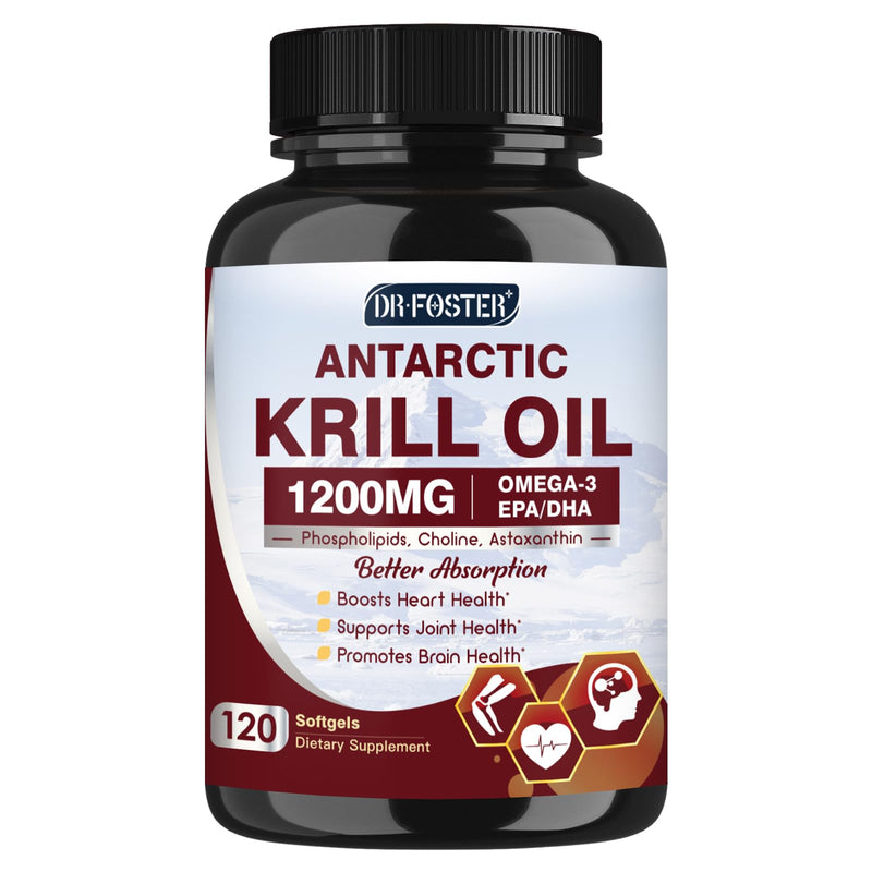 [Australia] - Krill Oil 1200mg, Antarctic Krill Oil Omega 3 Supplement with EPA, DHA，Astaxanthin & Phospholipids for Heart & Brain & Joint Health, No Fishy Aftertaste,120 Softgels (60 Servings) 120 Count (Pack of 1) 