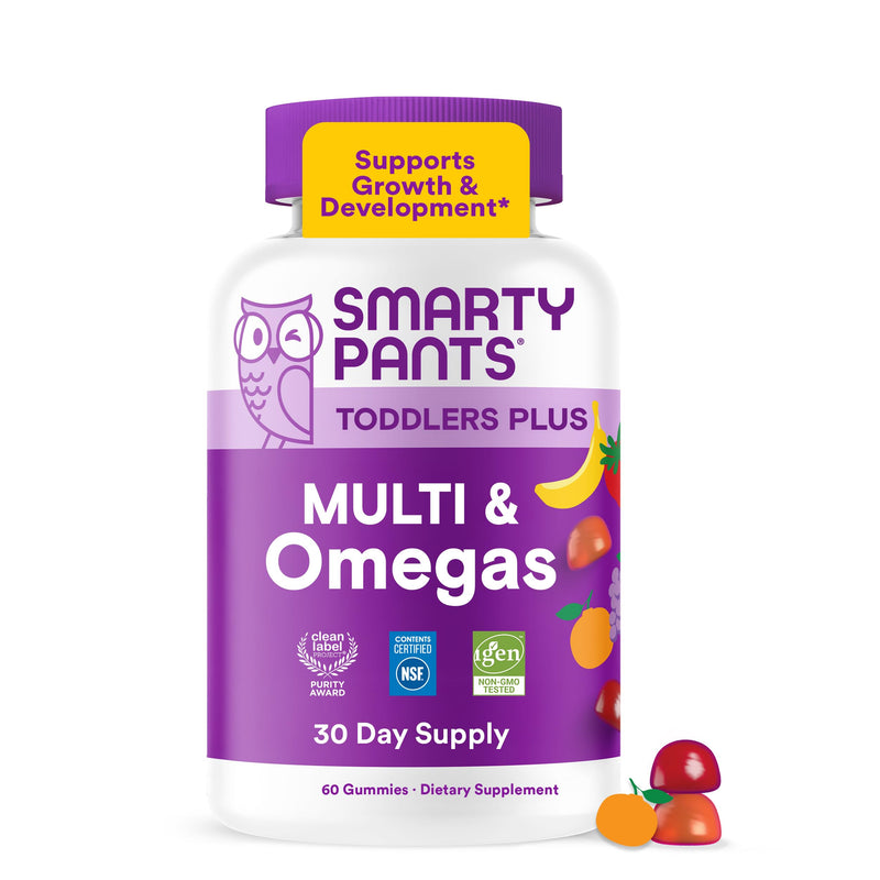 SmartyPants Toddler Multivitamin Gummies, Omega 3 (DHA/EPA), Vitamins D3, C, Vitamin B12, B6, A, K & Zinc, Biotin, Gluten Free, Three Fruit Flavors, 60 Count (30 Day Supply) 60 Count (Pack of 1) Multi + Omega - 30 Day Supply