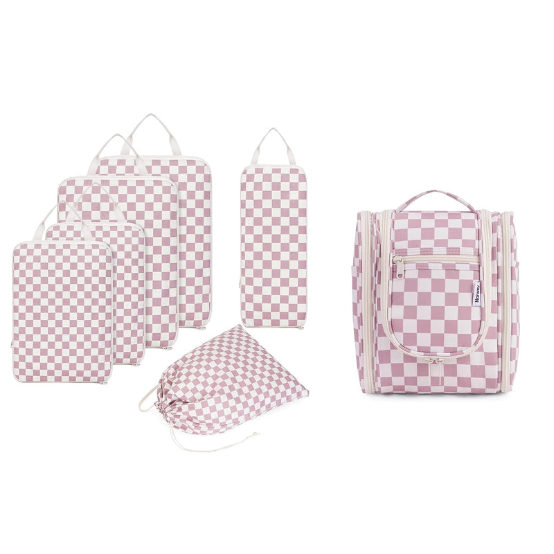 Narwey Small Checked Hanging Travel Toiletry Bag with 6 Set Compression Checkered Packing Cubes