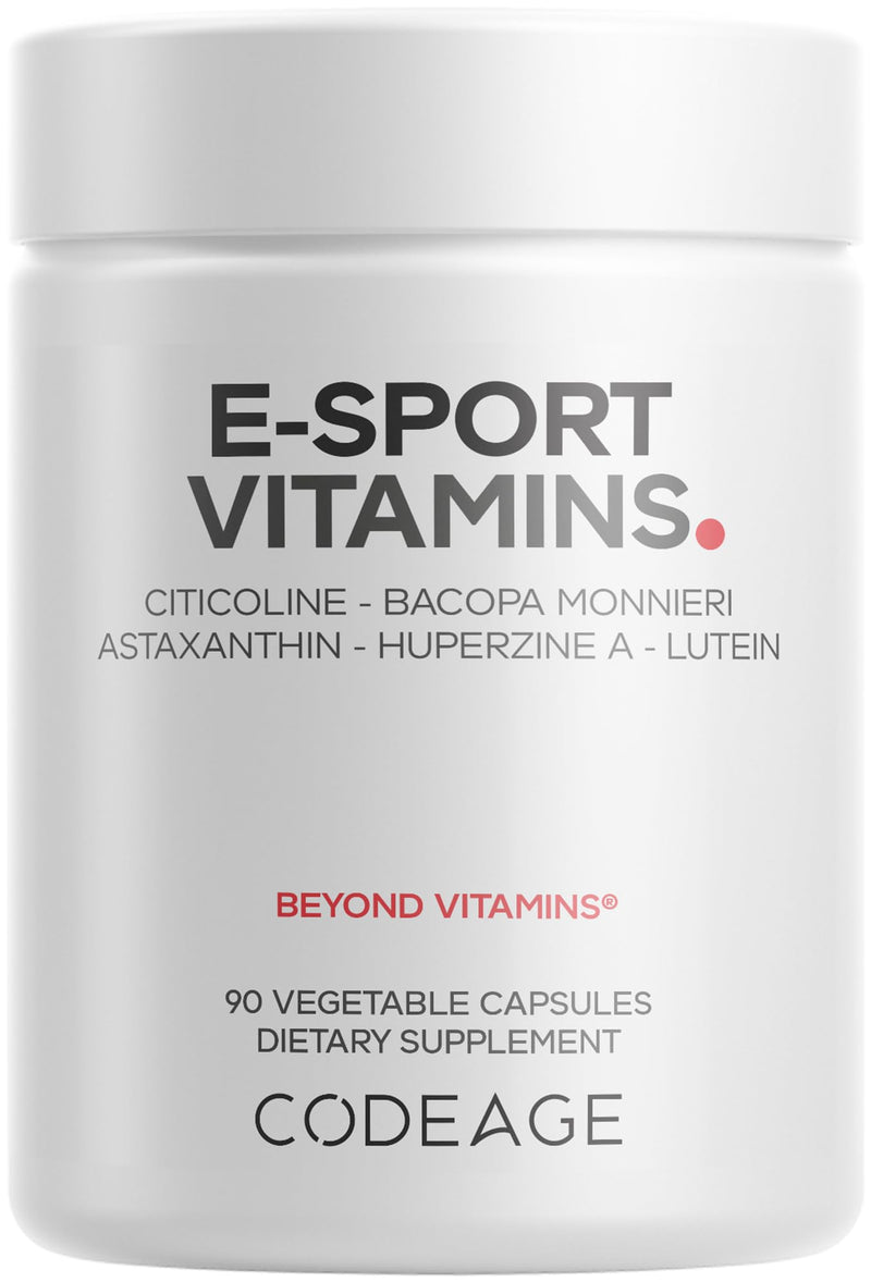 Codeage E-Sport Vitamins, Cognizin, Bacopa, L-Theanine, 90 Capsules | Citicoline as Cognizin, bacopa monnieri, astaxanthin, L-theanine, ginkgo, acetyl-L-tyrosine, huperzine A, lutein. Non-GMO.