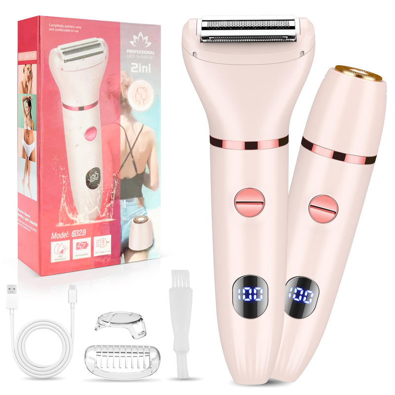 [Australia] - Karrte 2-in-1 Women Electric Shaver Dual Head Bikini Trimmer, Razors for Shaving Pubic Hair, Wet and Dry Cordless Painless Hair Removal for Private Area Pink 