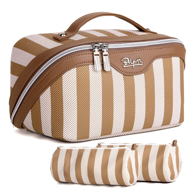 BOYATU Travel Makeup Bag for Women: Large Cosmetic Bag Set of 3 - PU Leather Make up Bag with Compartments - Compact Waterproof Toiletry Bag with Divider & Handle (B-8-Khaki)