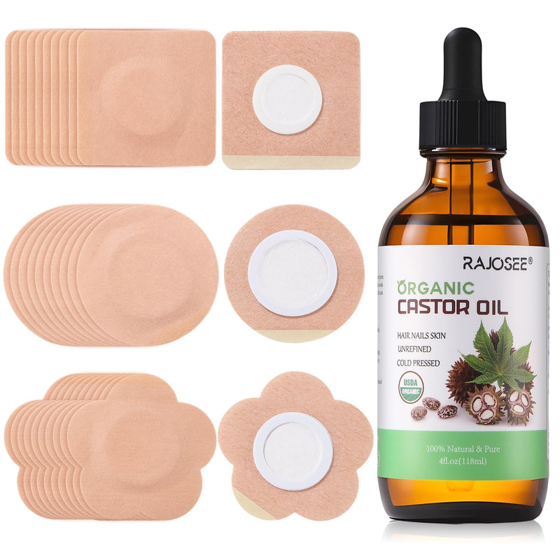 [Australia] - 30Pcs Castor Oil Pack Wrap for Belly Button with 4oz Organic Castor Oil in Glass Bottle, Highly Absorbent Cotton Belly Button Patches Self Adhesive 30pcs belly pack with oil 