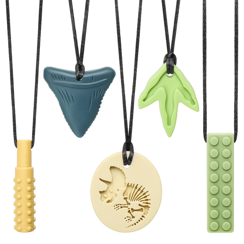 [Australia] - Sensory Chew Necklaces for Aggressive Chewers - Silicone Chewelry for Autism, ADHD, Oral Motor Therapy & Baby Teething - Dinosaur (BPA-Free, Textured Surface) Beige, Yellow, Gray, Green, Light Green 