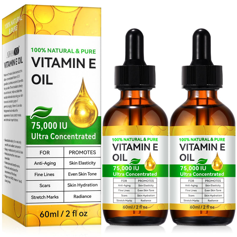 Vitamin E Oil, (2pcs) 100% Pure & Natural Oil for Skin, Face, Hair & Nails, Body Bath for Moisturizing Dry Skin, Non-GMO & Vegan 2 Fl Oz (Pack of 2)