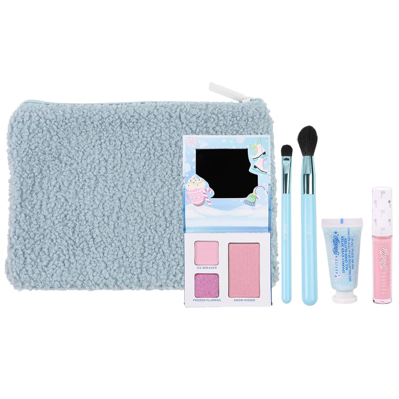 [Australia] - Petite 'n Pretty Sparkle Storm Makeup Gift Set for Kids, Tweens and Teens - Cool Vibes Eye & Cheek Palette, Brushes, 10K Shine Lip Gloss, Sparkly Ever After All Over Glitter in Blue Sherpa Bag 
