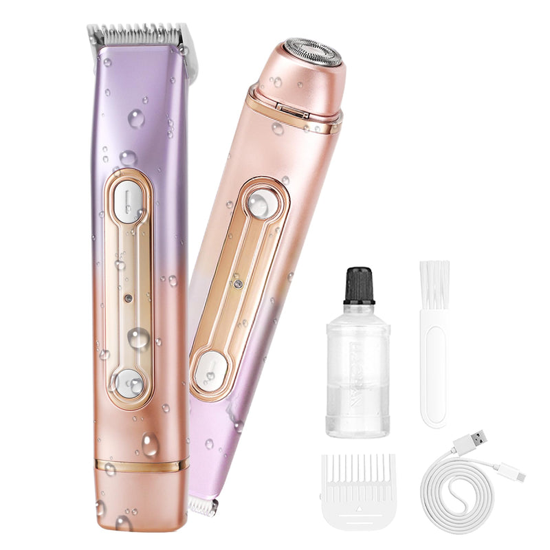 WNJ 2 in 1 Women Electric Shaver - Dual Head Bikini Trimmer - IPX7 Waterproof - Wet & Dry Use - Body Hair Trimmer and Facial Hair Remover for Bikini, Underarm Leg, Private Area, Arm, Body, Face Double Head-Pink