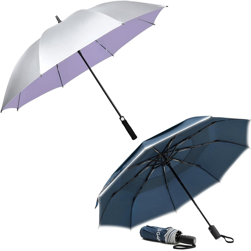 G4Free Windproof 42 Inch Travel Umbrella, Strongest Fiberglass Frame, Double Canopy with Reflective Strip, Autotomatic Folding Umbrella +54 Inch UPF50+ Auto Open UV Sun Golf Umbrella, for Rain & Sun