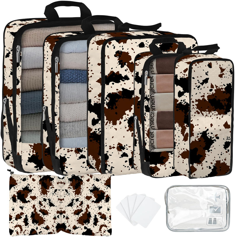 7 Pcs Compression Packing Cubes for Travel, Waterproof Suitcase Luggage Backpack Organizer with Toiletry Bag Travel Essentials for Women/Men-Cow Print Brown-Cow Print